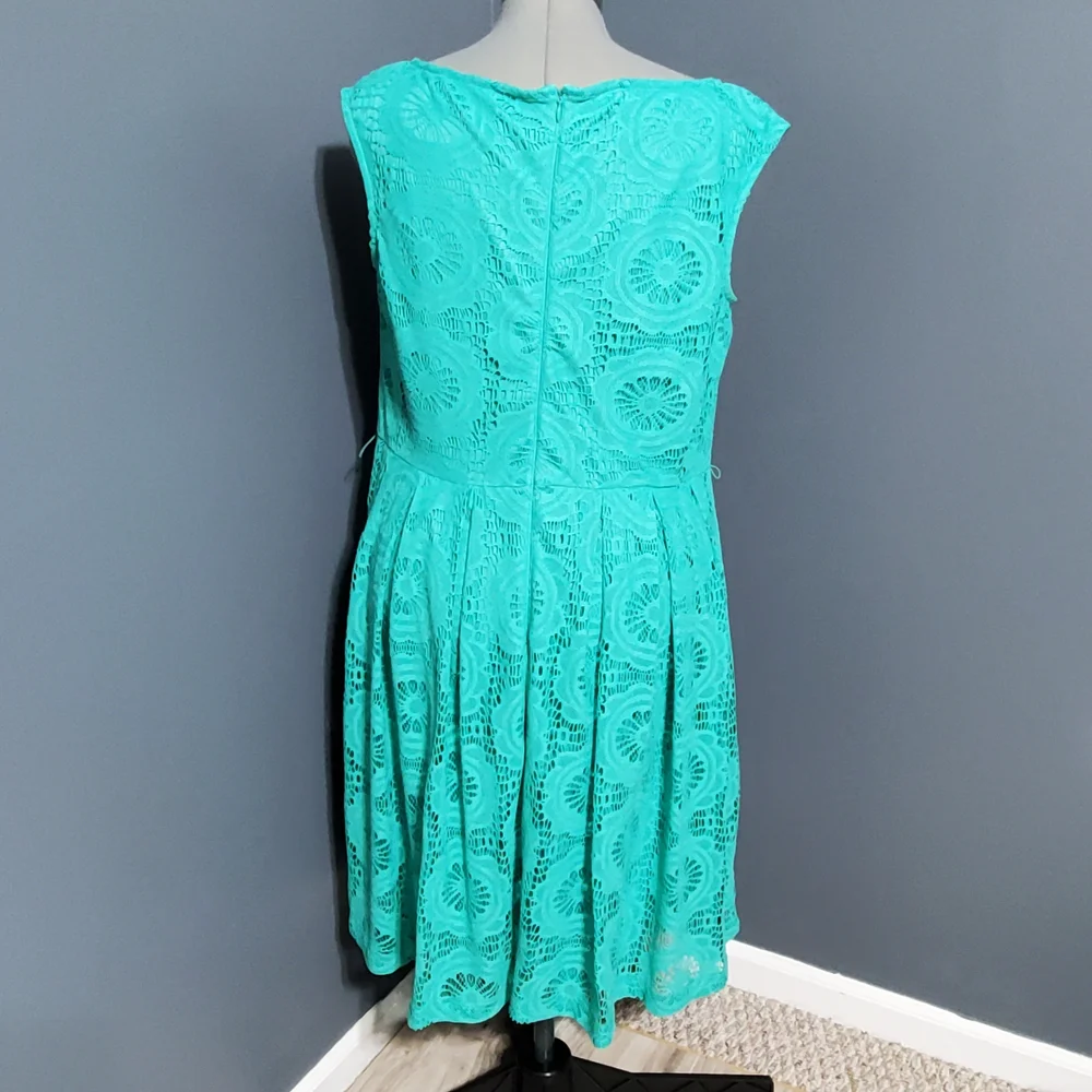 London Times Teal Aqua Green Lace Midi Fit and Flare Dress Size 14W - Picture 3 of 6